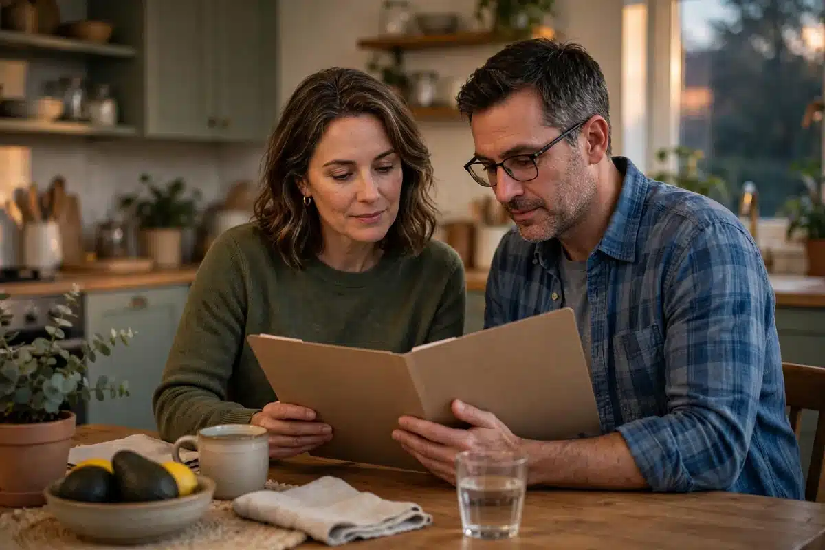Photo of a woman in her 40s and her husband reviewing a plain folder together at their kitchen table at home, calm and supportive in soft evening light