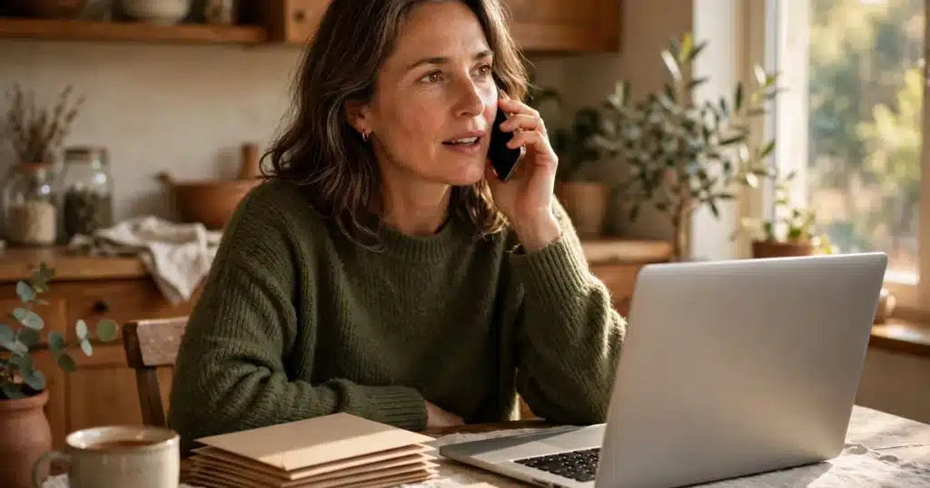 Photo of a woman in her 40s sitting at her kitchen table at home with plain letters and a laptop in front of her, talking calmly on the phone in warm natural light