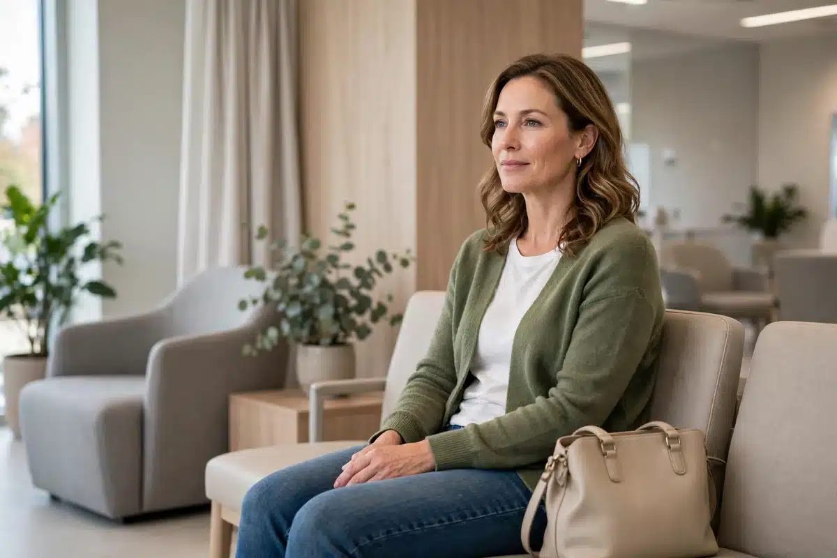 Photo of a woman in her 40s sitting calmly in a bright imaging clinic waiting area, relaxed before her appointment