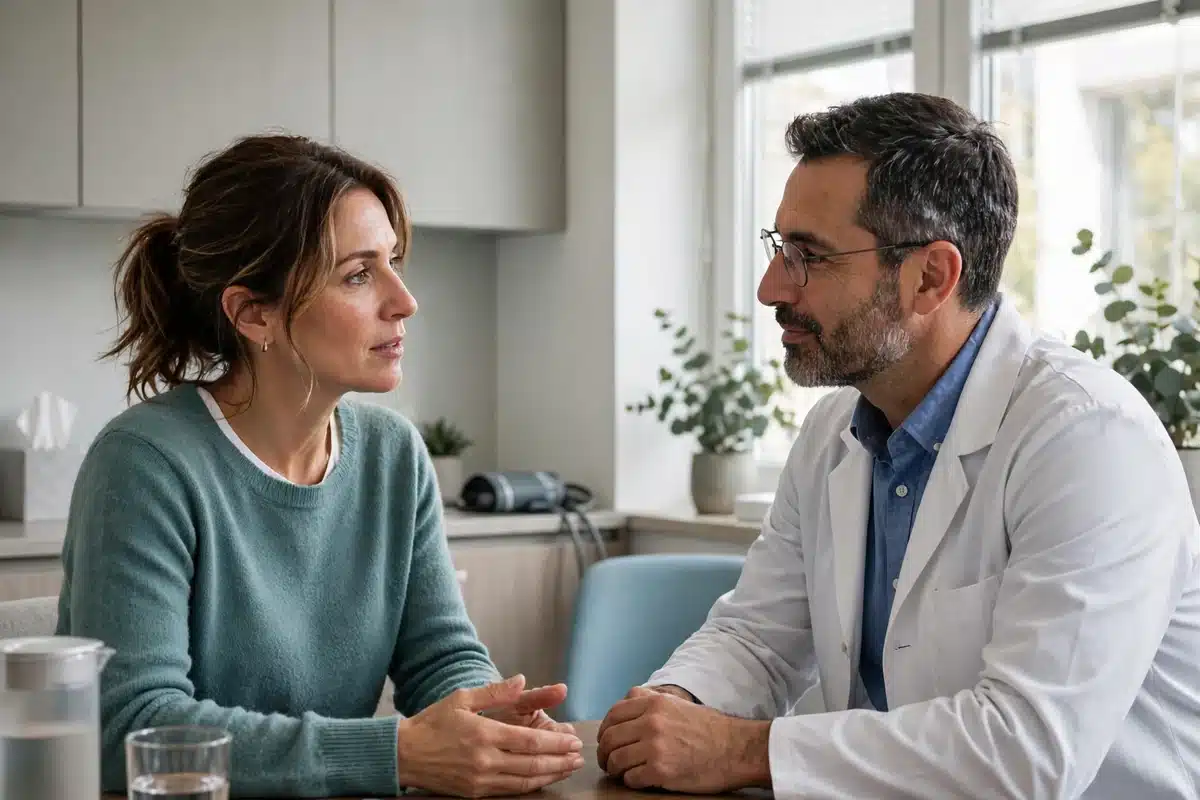 Photo of a woman in her 40s talking with her doctor in a bright clinic room about her imaging options
