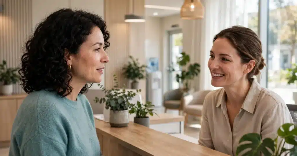 Photo of a woman in her 40s checking in at a bright imaging clinic reception desk before her appointment