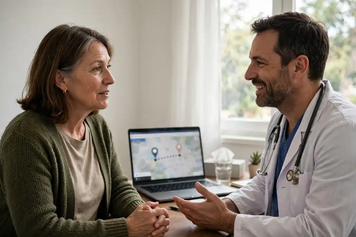 Photo of a woman talking with her local doctor in a small bright clinic room about how her ongoing cancer care is shared with a distant center