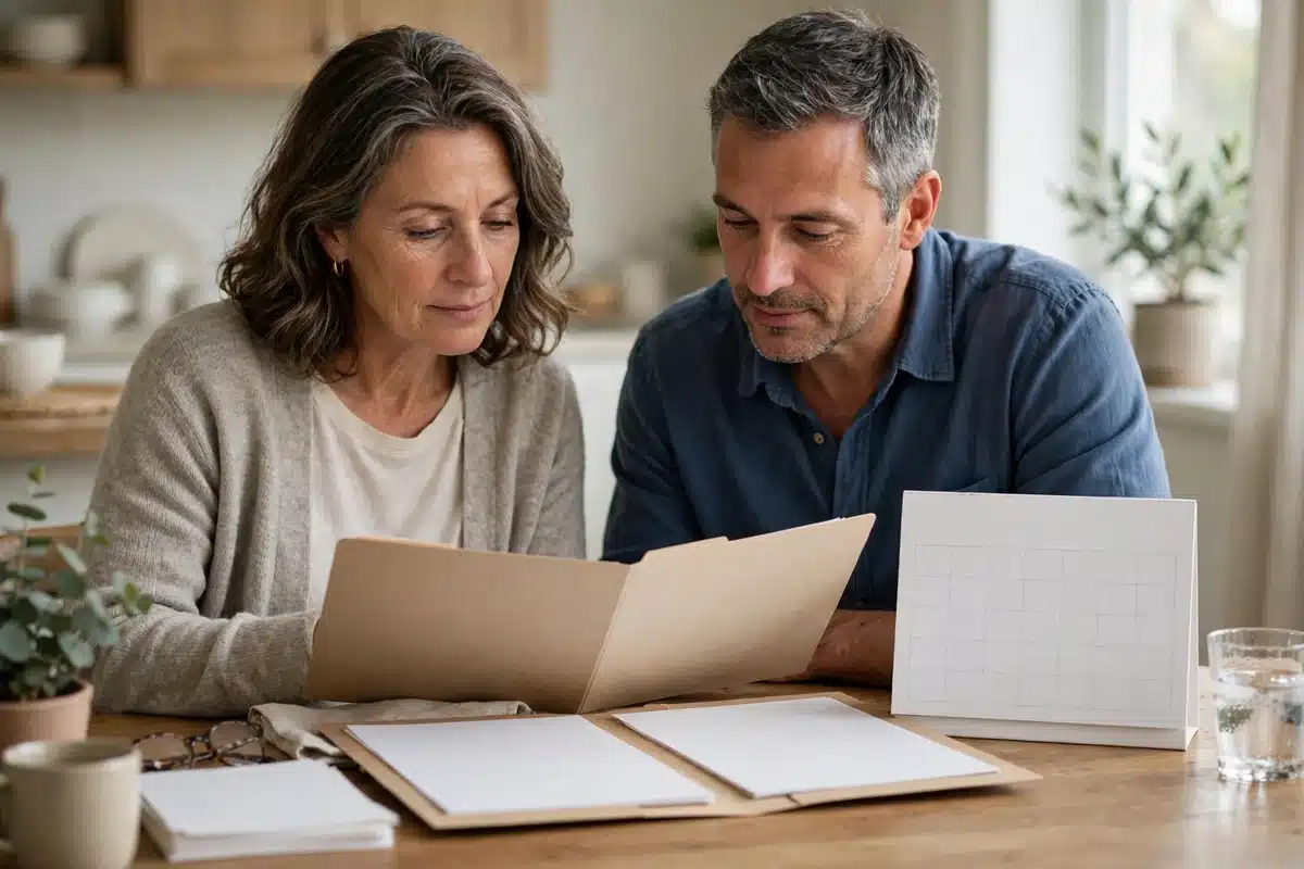 Photo of a woman and her partner reviewing a plain folder of appointment letters and a simple calendar at their kitchen table at home