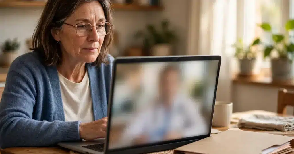 Photo of a woman at home having a video call with a specialist on a laptop, a plain folder of letters beside her on the table