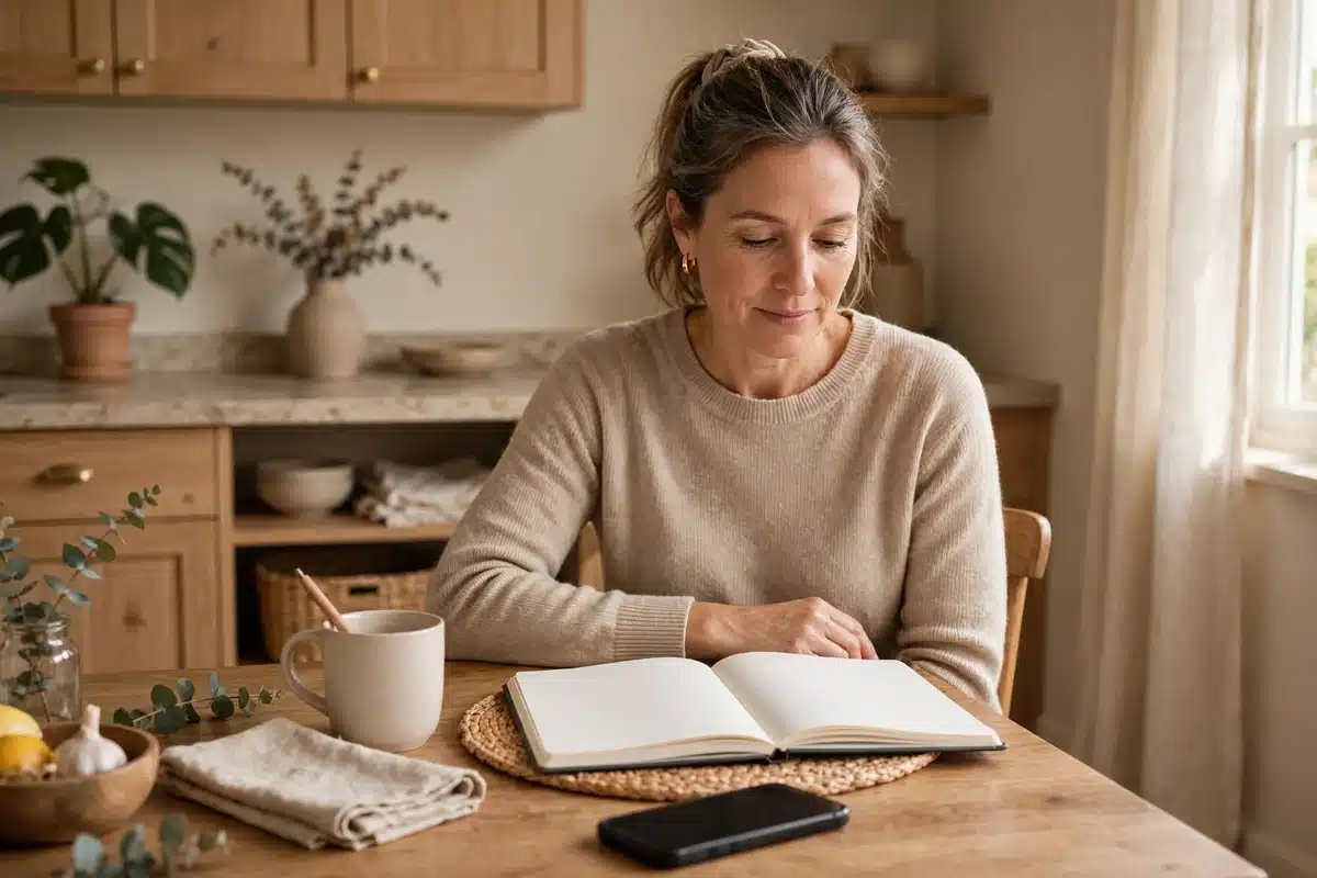 Photo of a woman in her 40s sitting at a kitchen table at home with a plain notebook and a phone, calmly organising a list of helpers and days in soft daylight, notebook pages blank