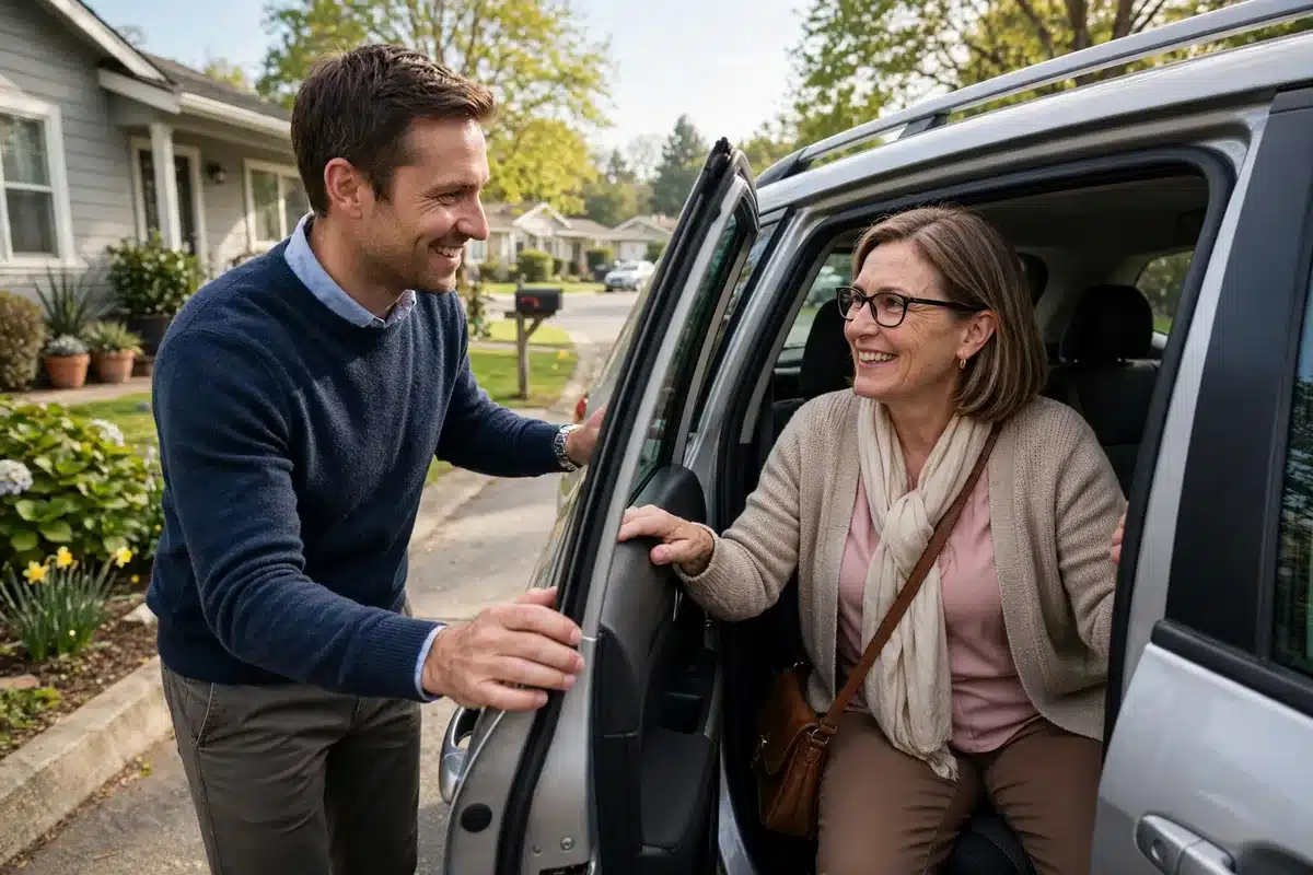 Photo of a kind volunteer driver helping a woman in her 50s into the passenger seat of a car outside her home on a bright morning, both smiling
