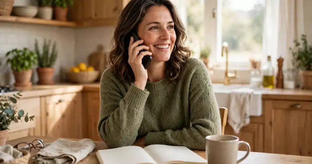Photo of a smiling woman coordinator in her 40s on the phone at a bright kitchen table, an open plain notebook and a mug beside her in warm daylight