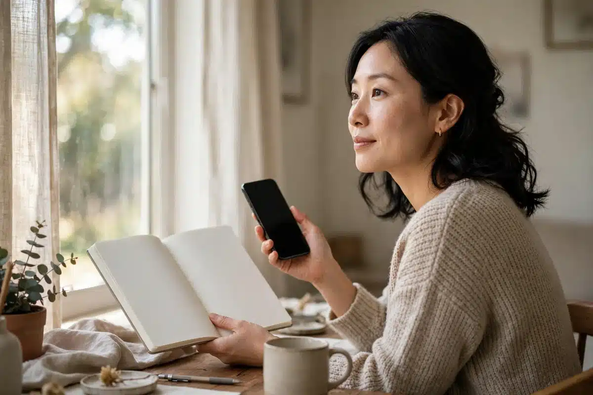 Photo of a woman at home with a notebook, talking on the phone at her desk