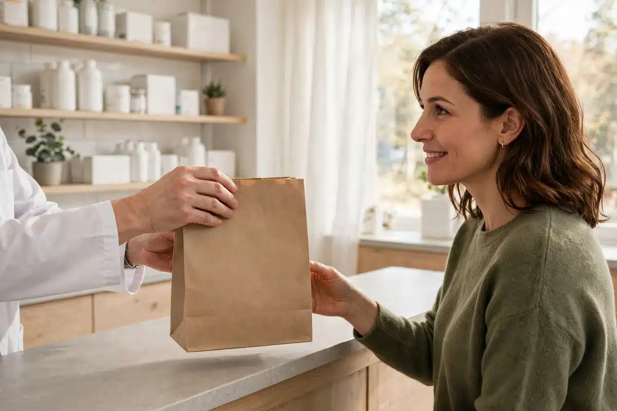 Photo of a pharmacist handing a plain paper bag across a pharmacy counter