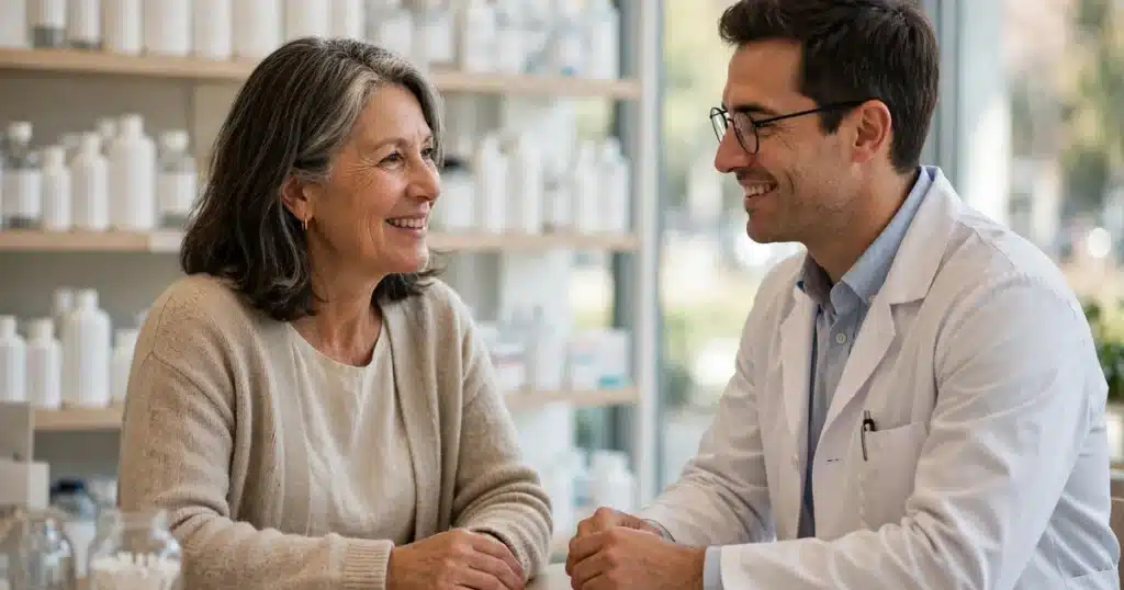 Photo of a woman talking with a pharmacist at a bright pharmacy counter