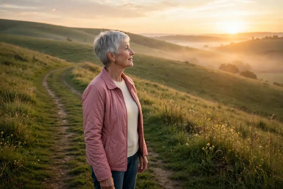 Photo of a woman with short silver hair standing on a gentle hill path at sunrise, looking toward the light