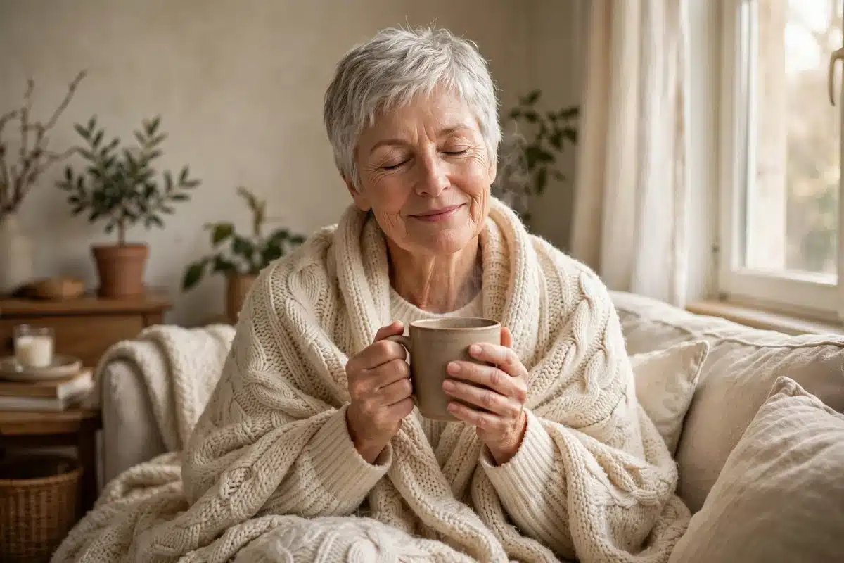 Photo of a woman wrapped in a cozy blanket at home, holding a warm mug with both hands, eyes gently closed with a peaceful smile