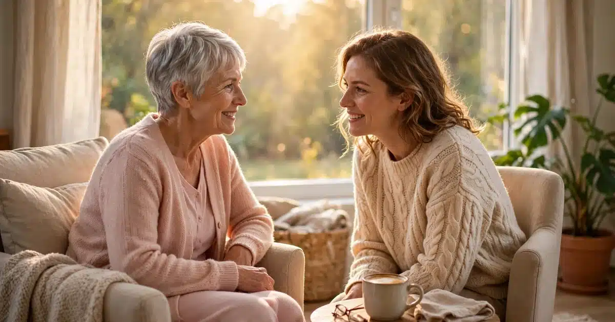 Photo of two women sitting in armchairs by a sunny window talking supportively, an older woman with short silver hair in a pink cardigan and a younger friend in a cream sweater