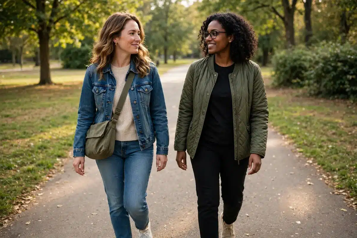 Two close female friends walking side by side on a sunlit park path, talking and smiling gently, supportive relaxed mood, soft daylight, no readable text, no logos