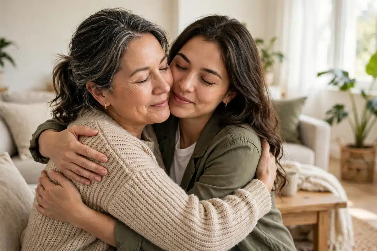 A woman in her 50s sharing a warm embrace with an adult daughter in a bright living room, supportive hopeful mood, natural daylight, no readable text, no logos