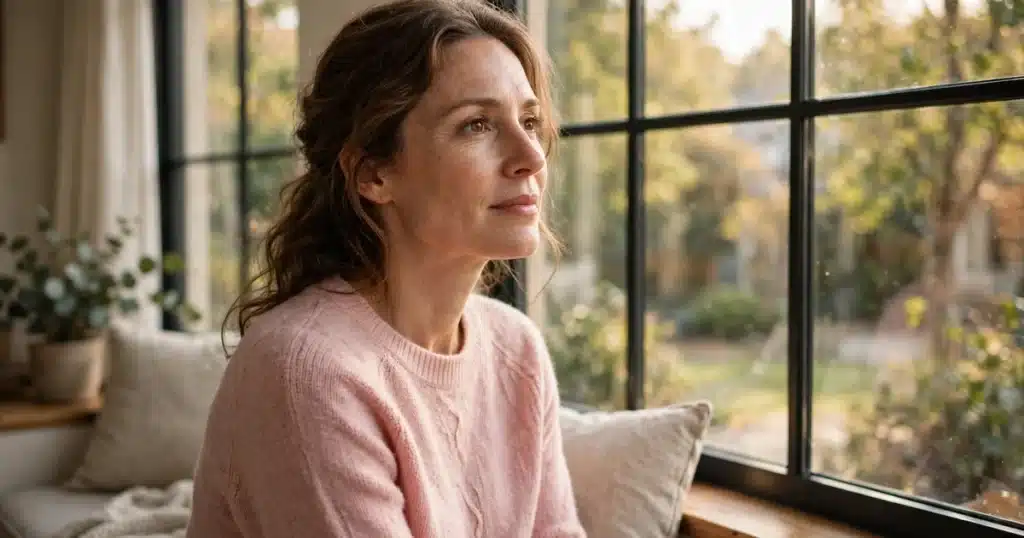 A woman in her 40s sitting by a large window at home wearing a soft pink sweater, looking out thoughtfully but peacefully, warm natural light, hopeful calm mood, no readable text, no logos