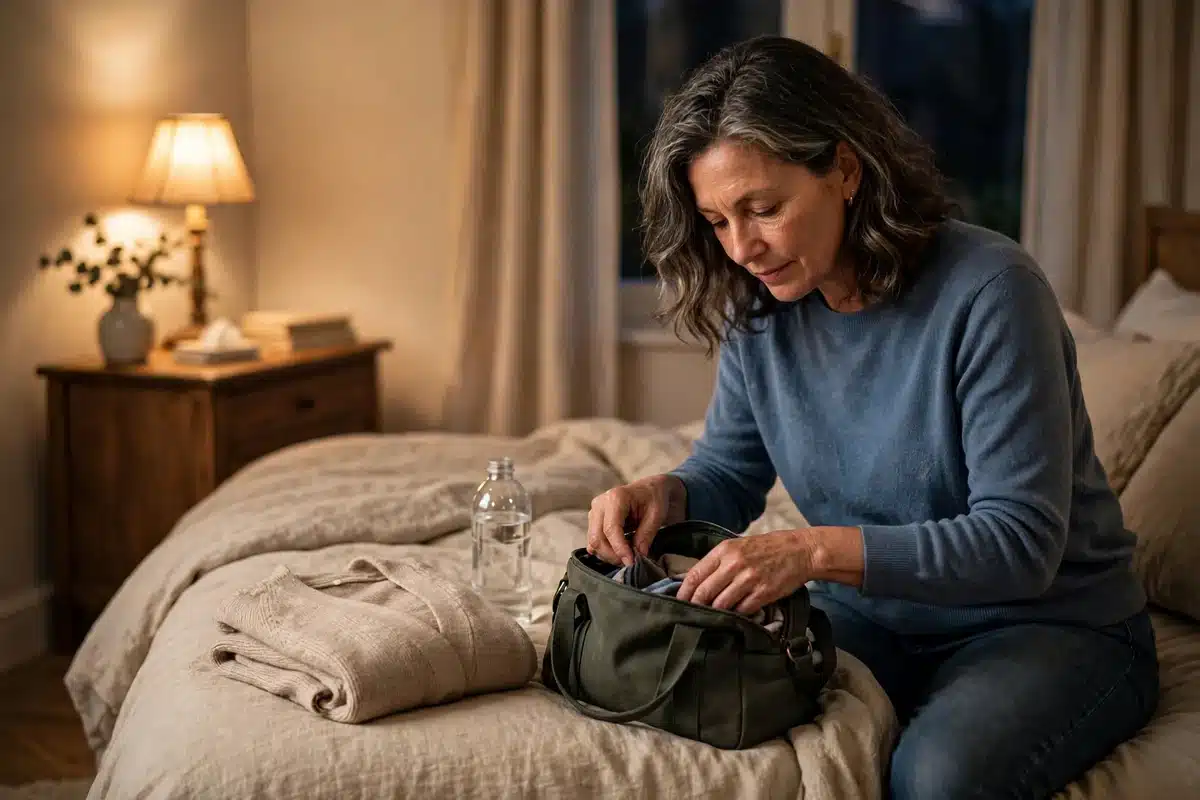 Photo of a woman packing a small bag at home the evening before an appointment, with a folded cardigan and a water bottle beside it