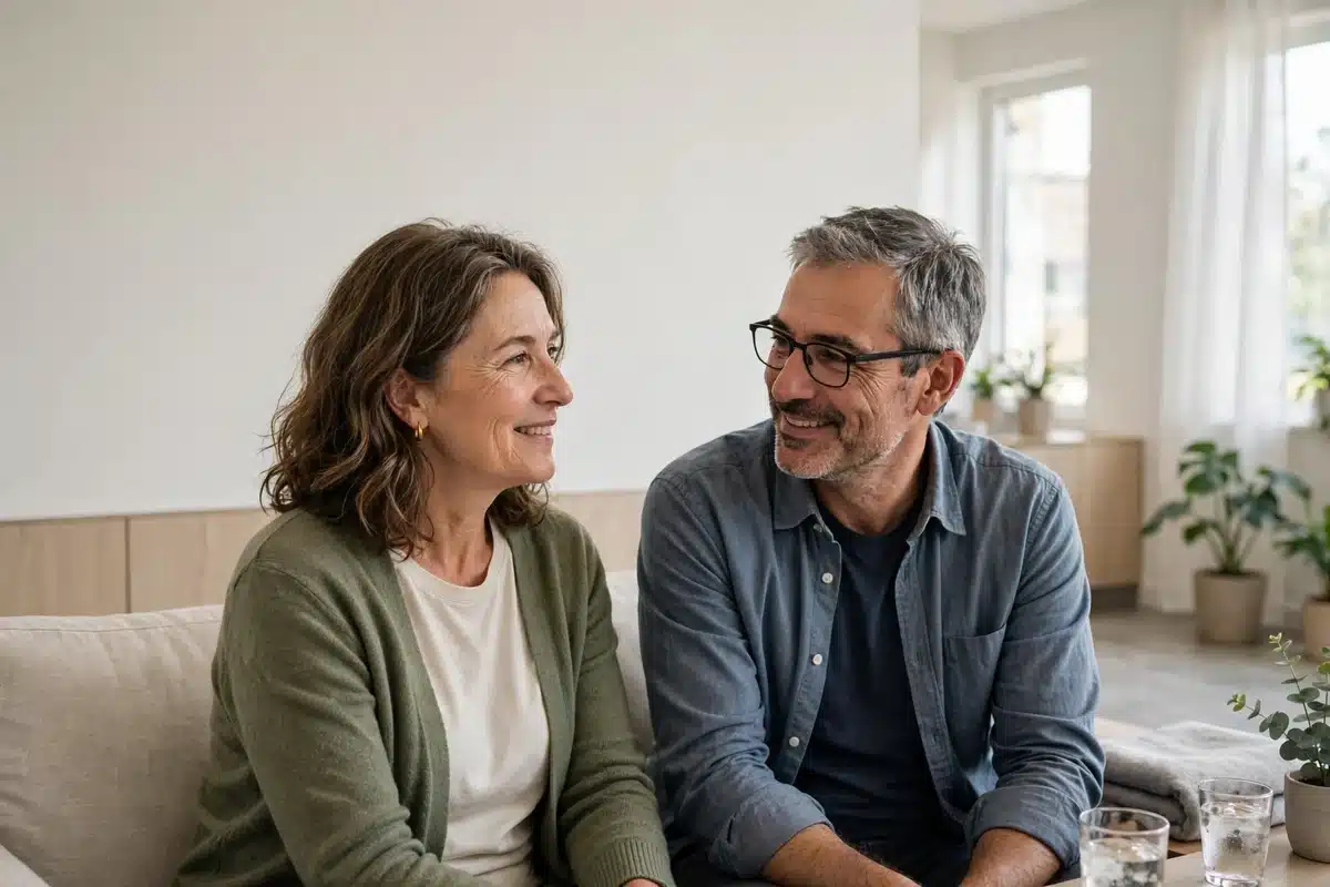 Photo of a woman and her partner sitting close together on a sofa at home, talking quietly and looking more at ease
