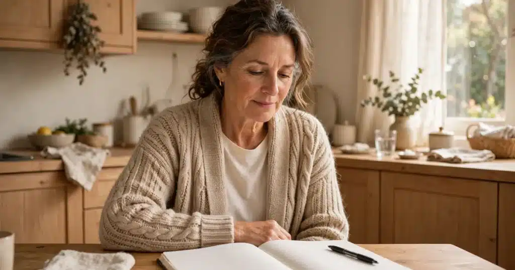 Photo of a woman sitting calmly at a kitchen table at home with a notebook and pen, preparing for an upcoming scan in soft morning light