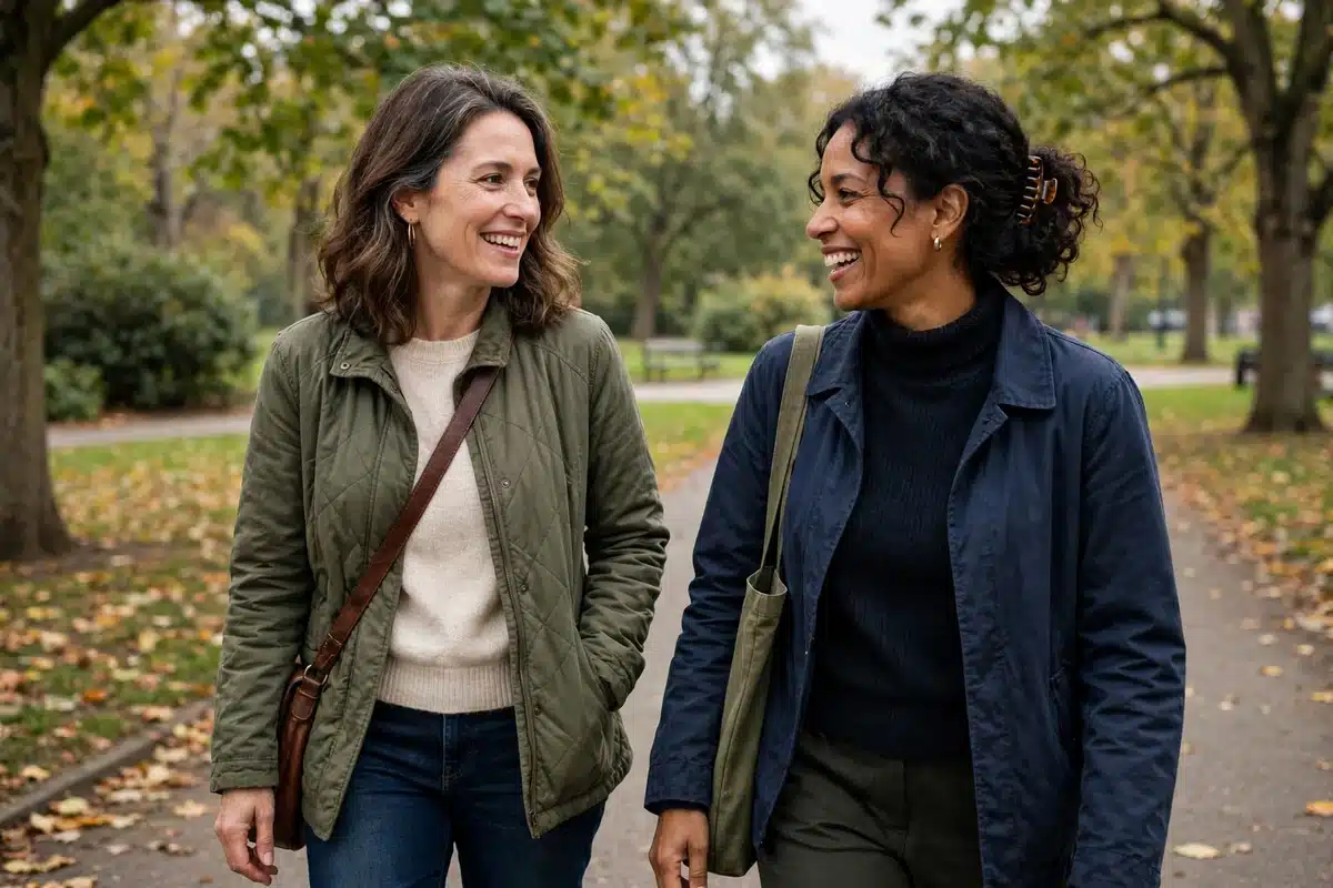 Photo of a woman in her 40s walking in a park with a close friend, talking together in soft daylight, relaxed