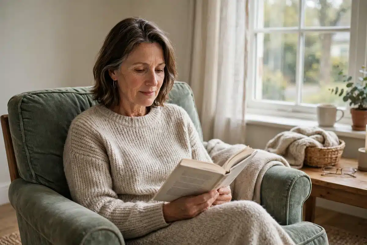 Photo of a woman in her 50s reading a book in a comfortable armchair at home by a window, calm, soft daylight