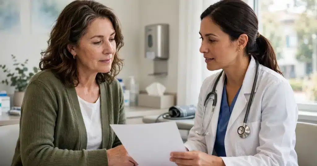 Photo of a woman in her 50s talking with a female doctor in a bright clinic consultation room, both calm, reviewing plain papers, natural window light