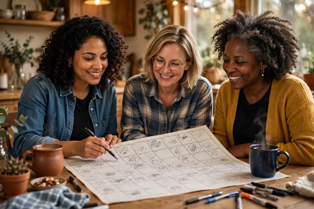 Photo of three friends filling in a paper meal-train calendar together at a kitchen table