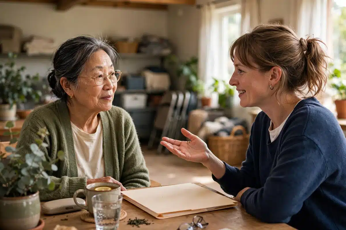 Photo of a woman talking with a nonprofit worker at a community center table