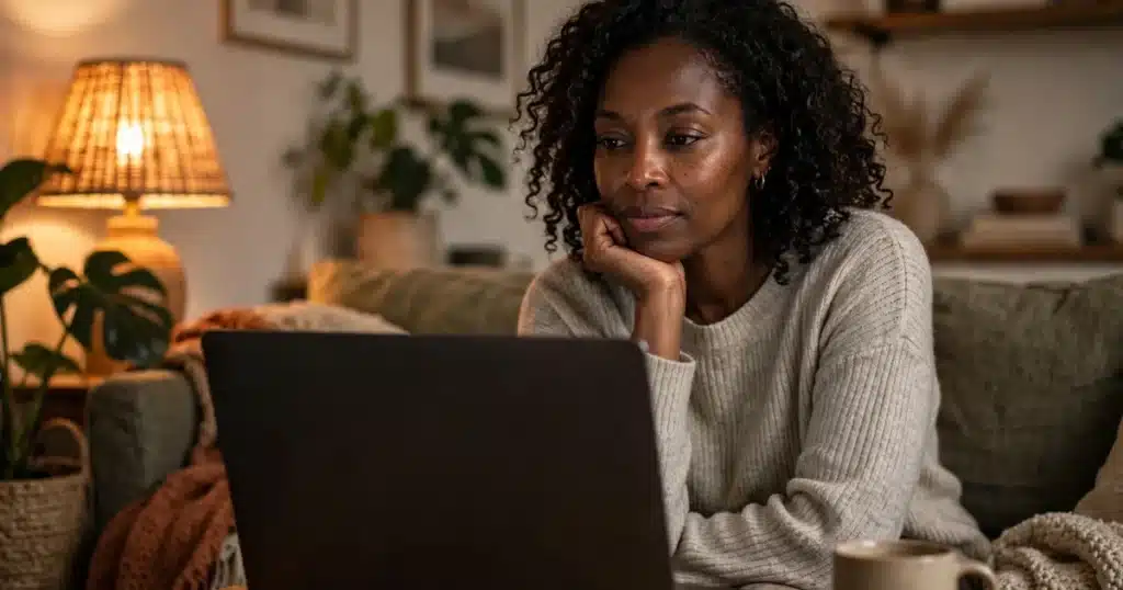 Photo of a woman sitting at home looking thoughtfully at a laptop