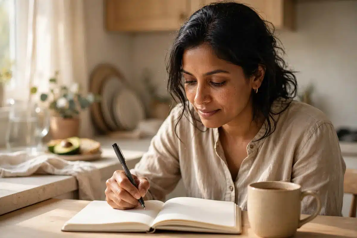 Photo of a woman writing in a journal at a bright kitchen table in soft morning light