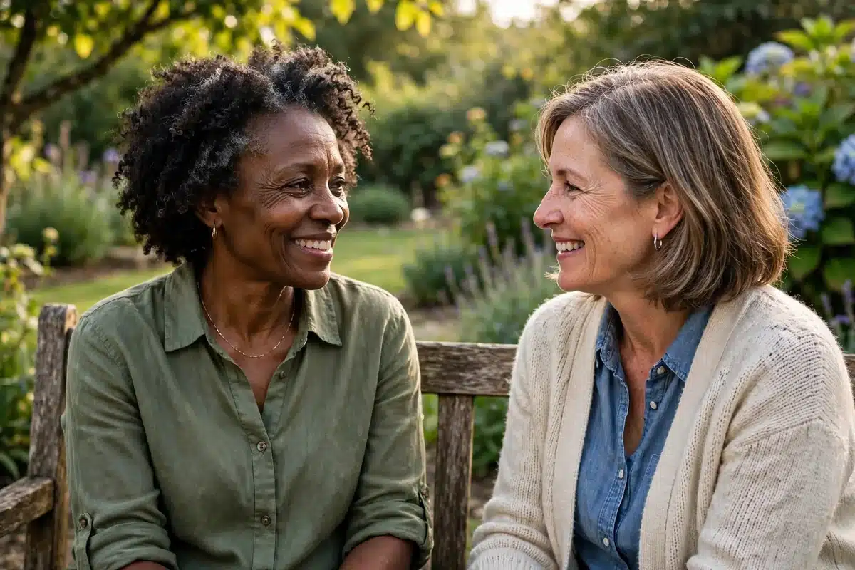 Photo of two women friends sitting together on a garden bench talking warmly in gentle sunlight