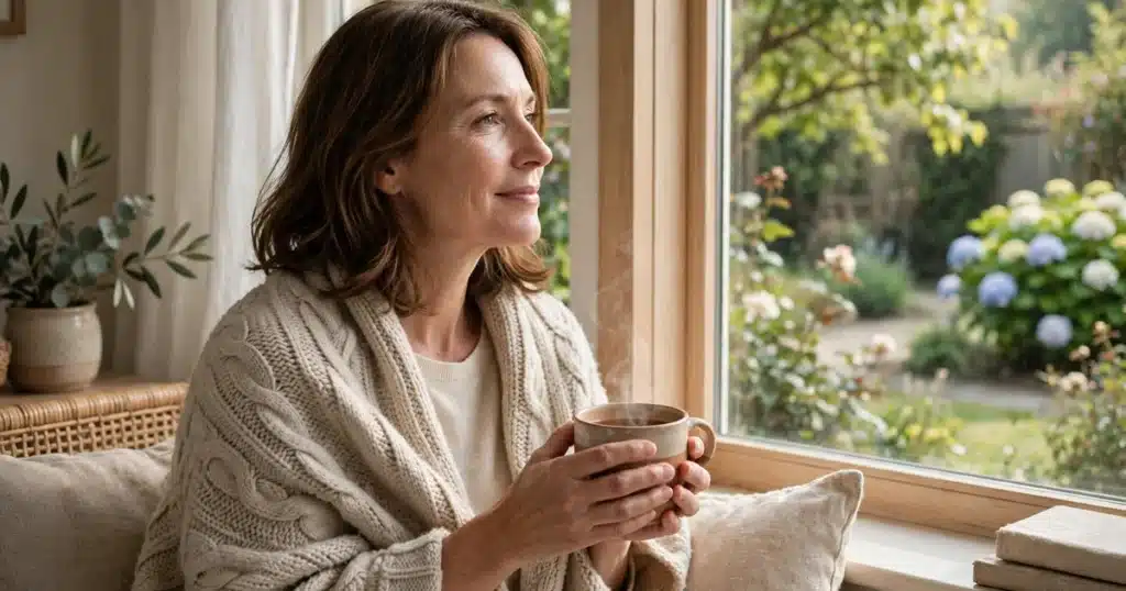 Photo of a woman sitting peacefully by a sunny window at home holding a warm mug, wrapped in a soft knitted cardigan