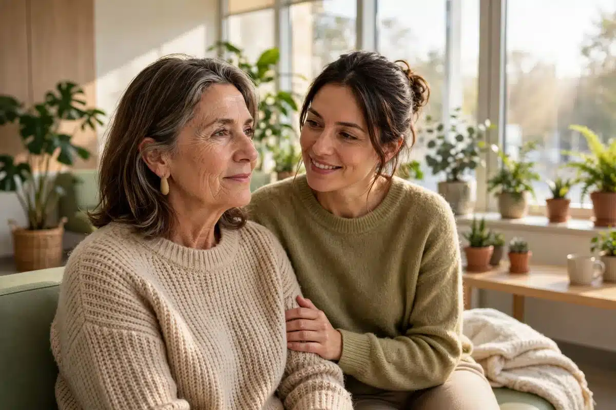 Woman sitting calmly with a companion in a bright plant-filled waiting area before an imaging appointment