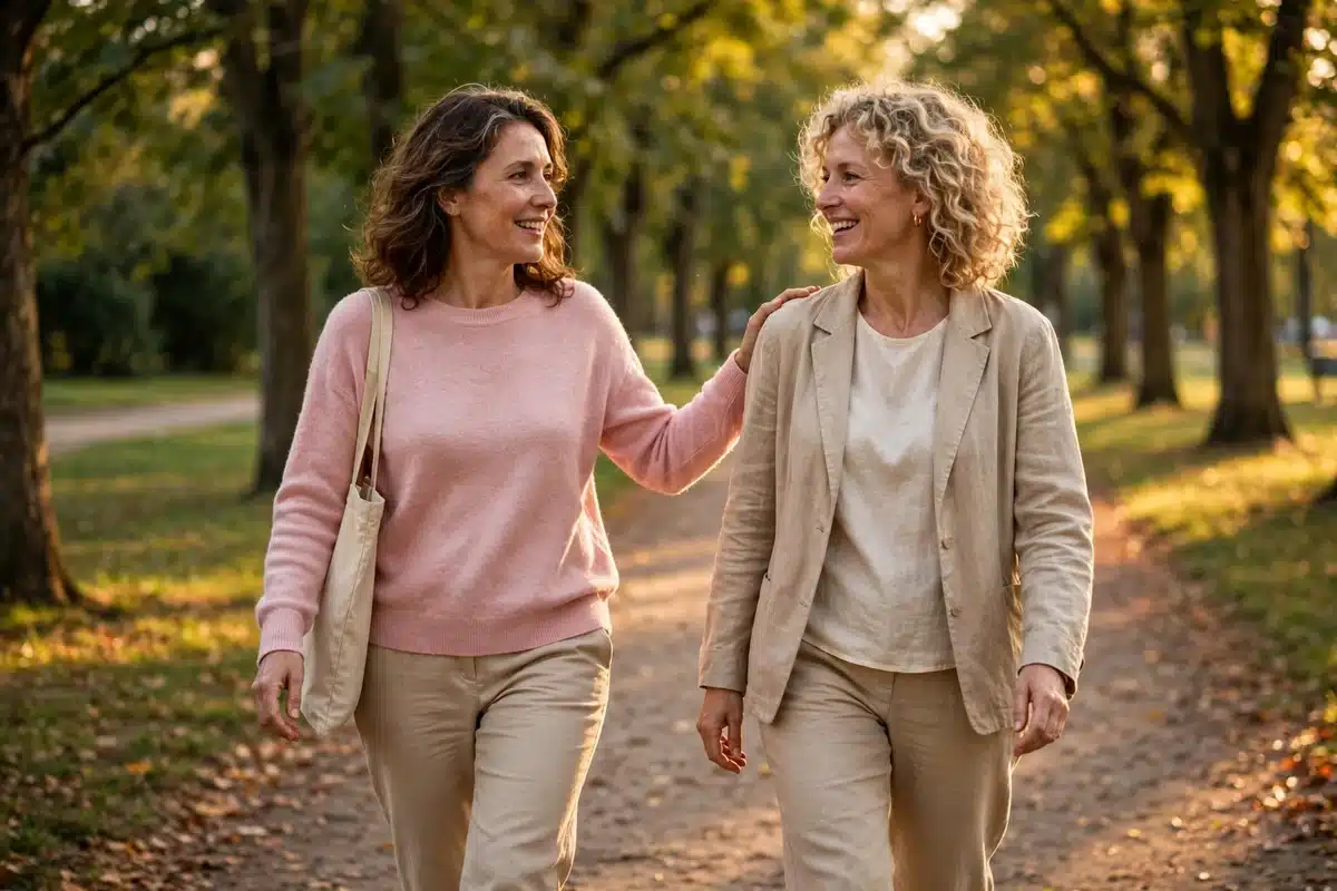 Two women friends walking together on a sunlit tree-lined park path