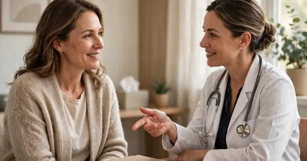 Woman patient talking with a female doctor about imaging in a bright consultation room