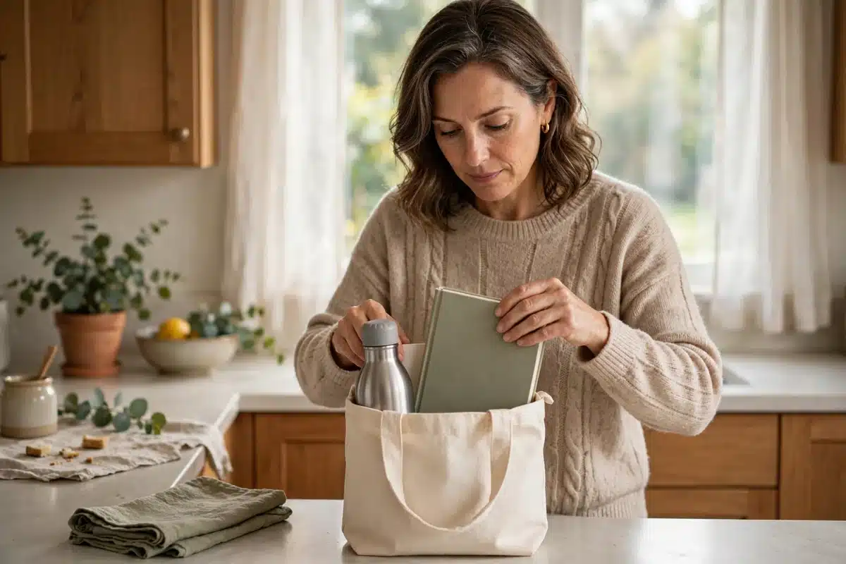 Photo of a woman in her 40s in her kitchen in the morning packing a small tote bag with a water bottle and a book with blank pages, calm daily routine, soft daylight through a window, cozy home, no readable text, no logos