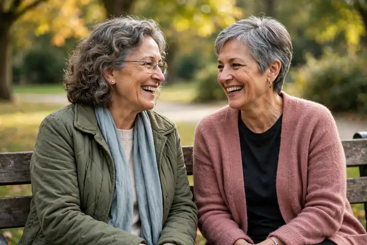 Photo of a woman in her 60s sitting on a park bench with a close friend, chatting and laughing softly, relaxed, gentle daylight, warm hopeful mood, no readable text, no logos