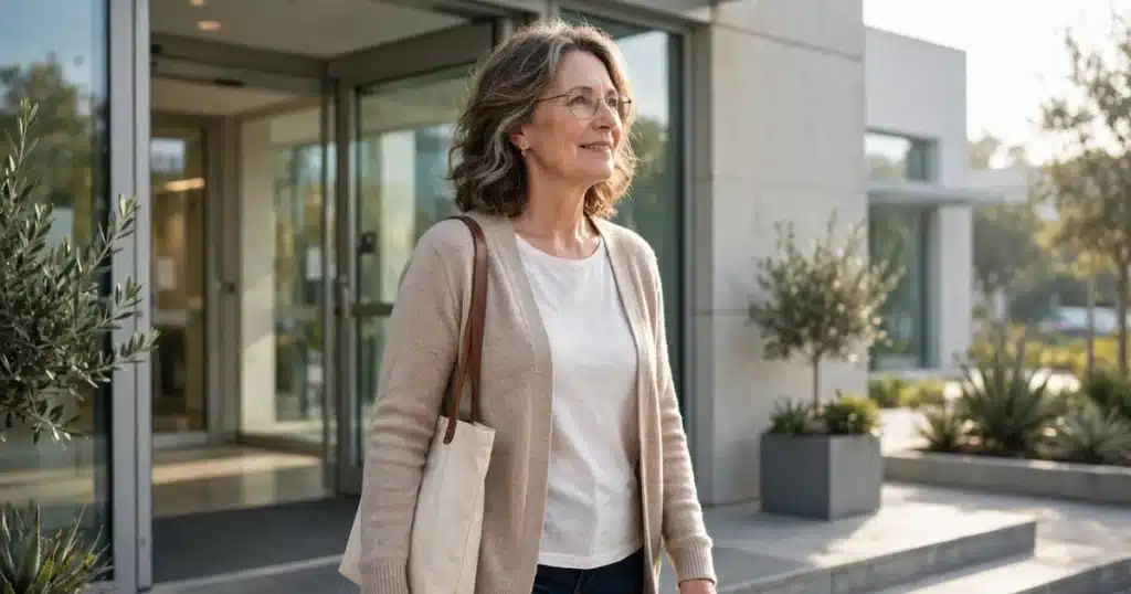 Photo of a woman in her 50s walking out of a modern medical building entrance into bright daylight, hopeful and calm, carrying a small tote bag, soft morning light, no readable signage, no logos