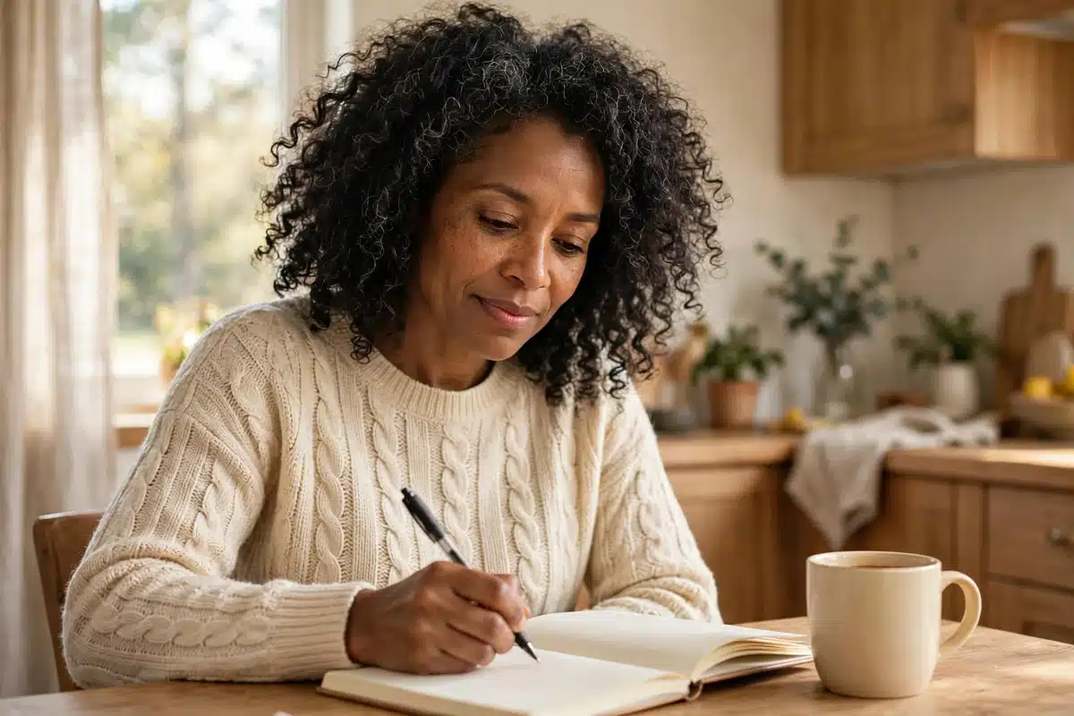 Photograph of a woman with curly dark hair in a cream sweater writing in an open notebook at a kitchen table, with a mug beside her