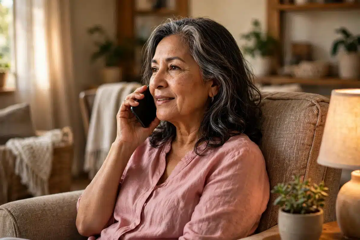 Photograph of an older woman with long grey-streaked hair in a pink blouse sitting in an armchair at home, smiling while talking on a mobile phone