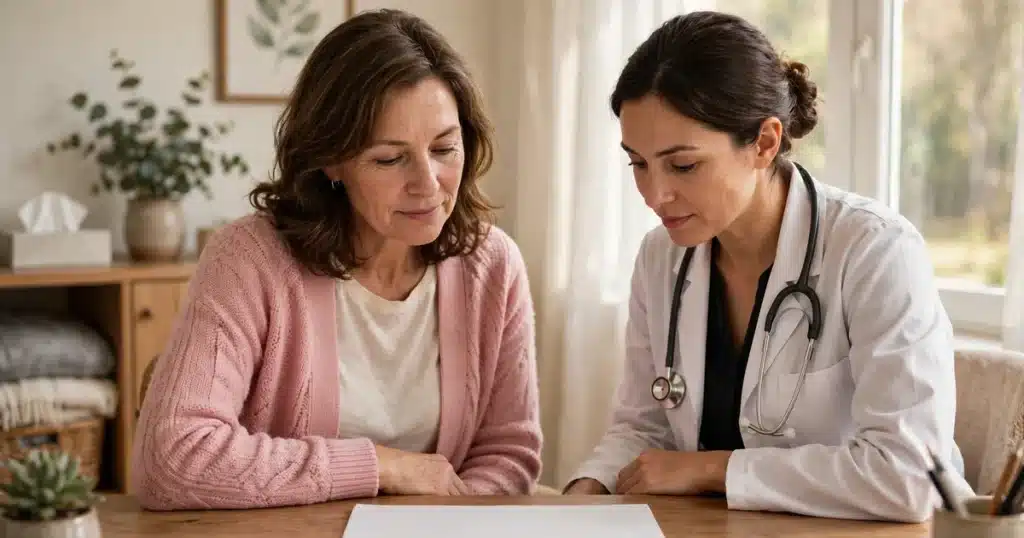 Photograph of a woman in a pink cardigan sitting beside her doctor, who wears a white coat and a stethoscope, as they look at a document together on a table