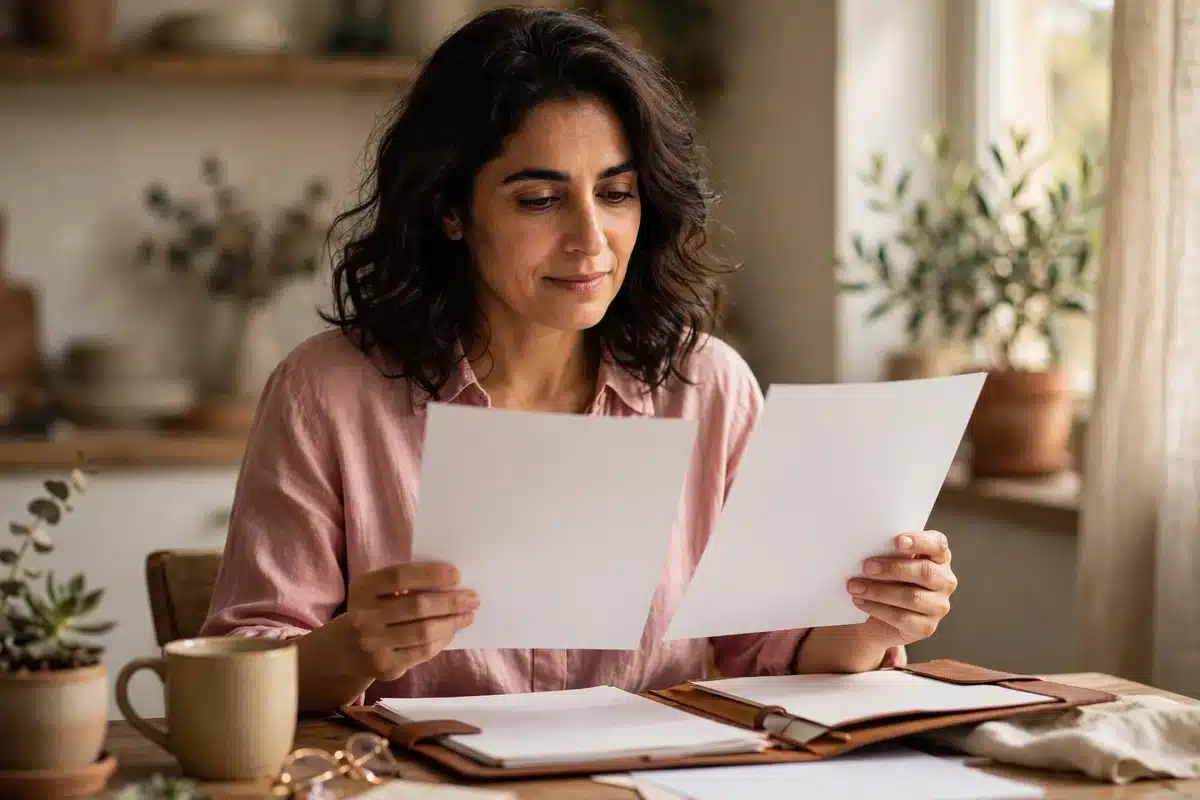 Photograph of a woman with dark wavy hair in a pink shirt sitting at a table, holding up two sheets of paper to compare them, with an open folder in front of her