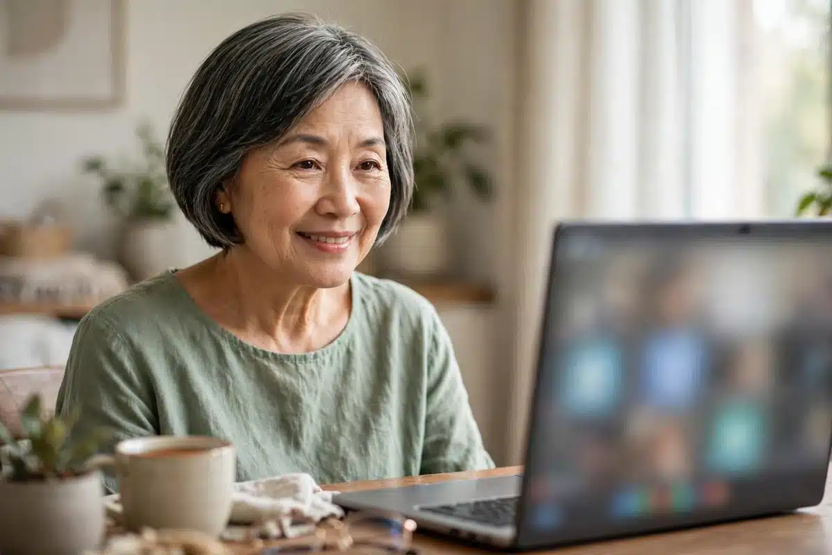 Photograph of an older woman with short grey hair in a green top smiling at a laptop during a video call, with a mug on the table beside her