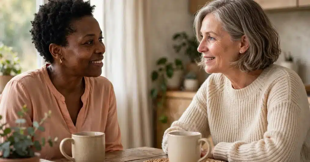 Photograph of two women sitting at a table with mugs of tea, smiling as they talk — one in a peach blouse and the other in a cream sweater