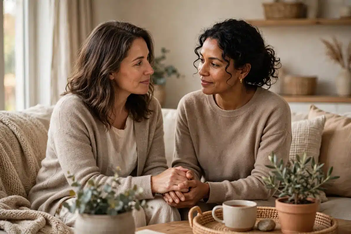 Two women friends talking supportively at home in a cozy sunlit living room