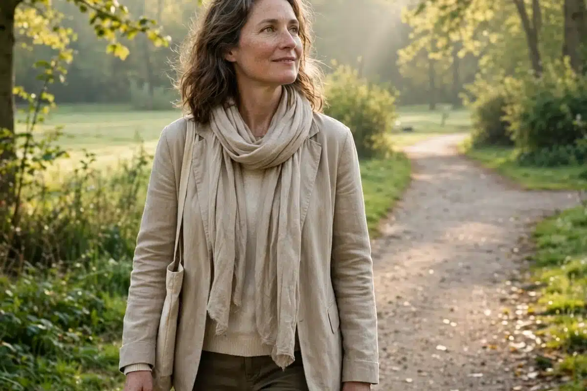Woman taking a peaceful walk outdoors on a sunlit park path
