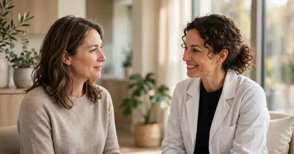 Woman patient in a calm conversation with her doctor in a bright, light-filled clinic room
