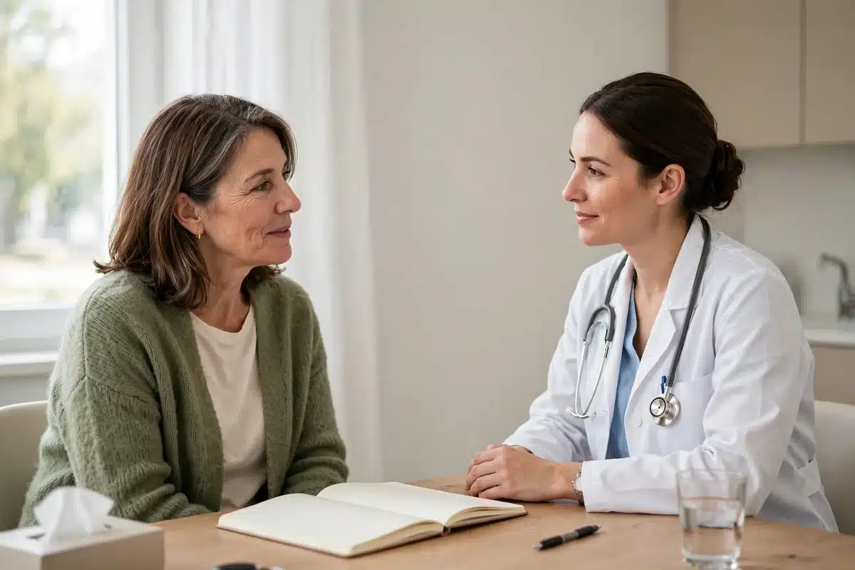 Photo of a woman talking gently with her doctor in a bright clinic room, a notebook open on the desk between them