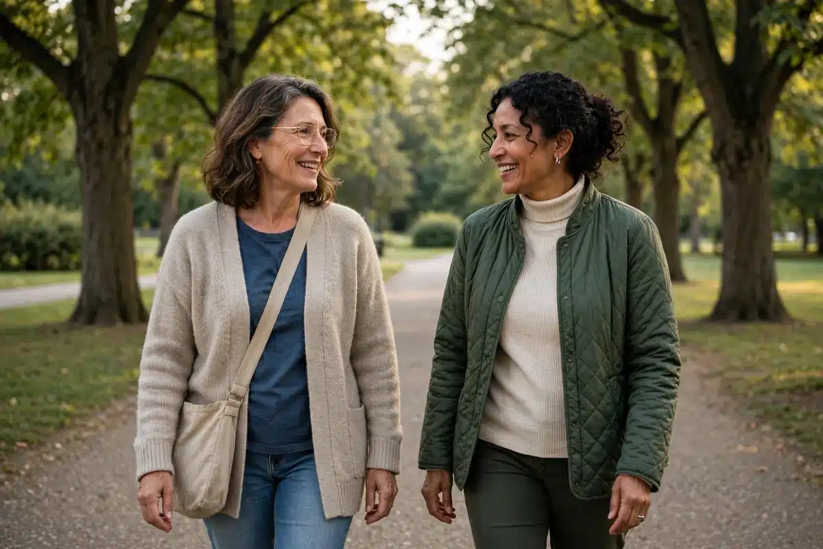 Photo of a woman and her close friend walking together along a tree-lined park path, talking warmly in soft afternoon light