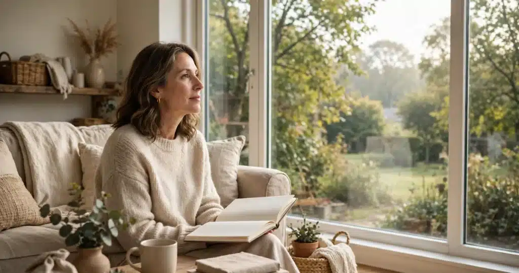 Photo of a woman sitting by a bright window at home with a journal open on her lap, looking out thoughtfully with a calm, reflective expression
